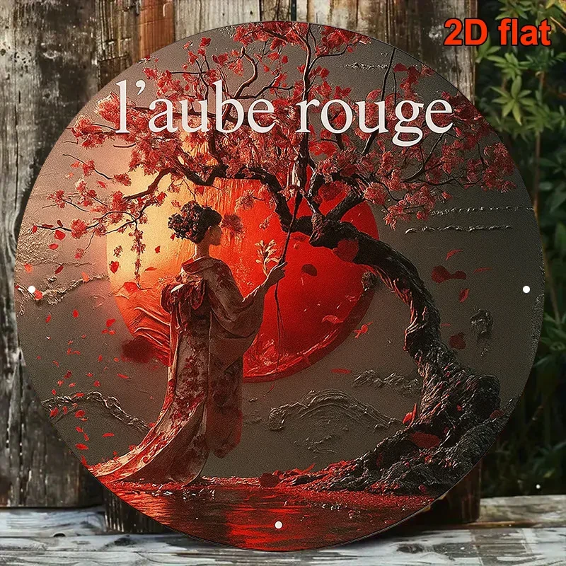 Japanese Geisha Sakura Metal Sign 8x8 Round Wall Art Red Black Vintage Cafe Decor