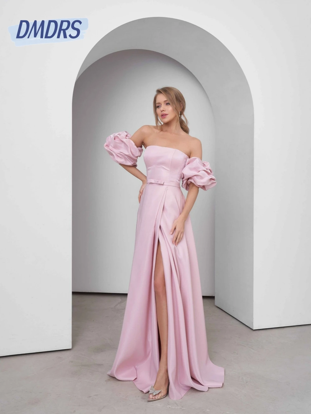 

Pink Glitter Satin Evening Dress Elegant Side Slit With Belt Classy Prom Gown Charming Corset Strapless Formal Events Wear