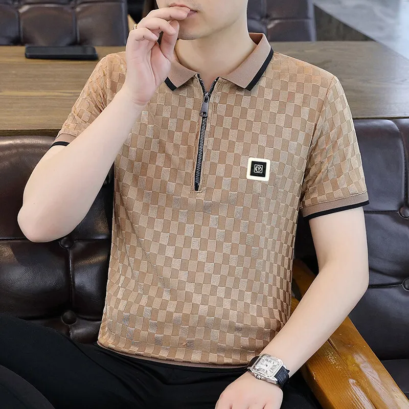 Men's Short Sleeve Polo Shirts Summer Checkerboard Jacquard Solid Color Slim Casual T-shirts Trend Half Zipper Design POLO Tees