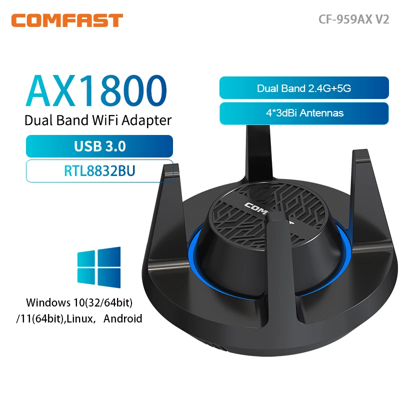 Comfast 1800Mbps WiFi6 Drive-free Network Card USB3.0/2.0 Wifi Adapter 2.4/5.8G Dual-band Wifi Reciver 4*3dBi Antennas Win/LINUX
