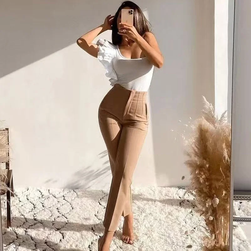 HXAO 2025 سراويل نسائية ملابس مكتب امرأة عالية الخصر متوهج السراويل النسائية الخياطة السراويل أنيقة أنيقة السراويل الحضرية 066