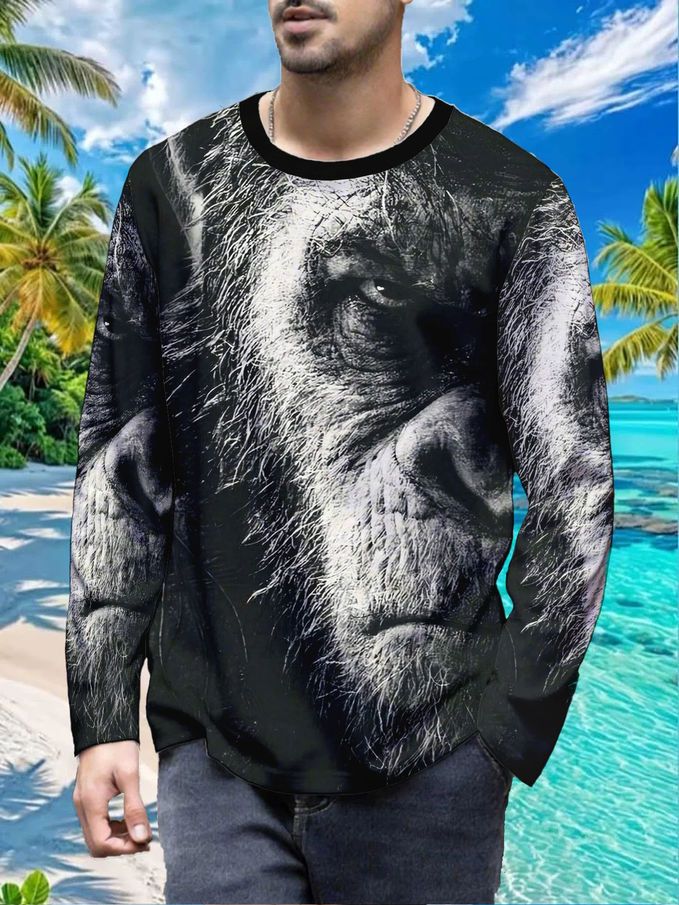 Vintage Chimpanzee Ape Primate Portrait Mens Polyester Long Sleeve T Shirt Black White Monkey Print Graphic Tee Casual Streetwea