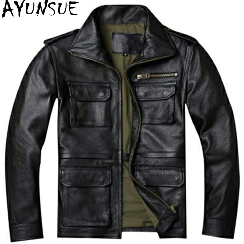 AYUNSUE Genuine Leather Mens Jacket Autumn Men Clothing Black Motorcycle Jackets Mid Length Two Colors Chaquetas Para Hombre