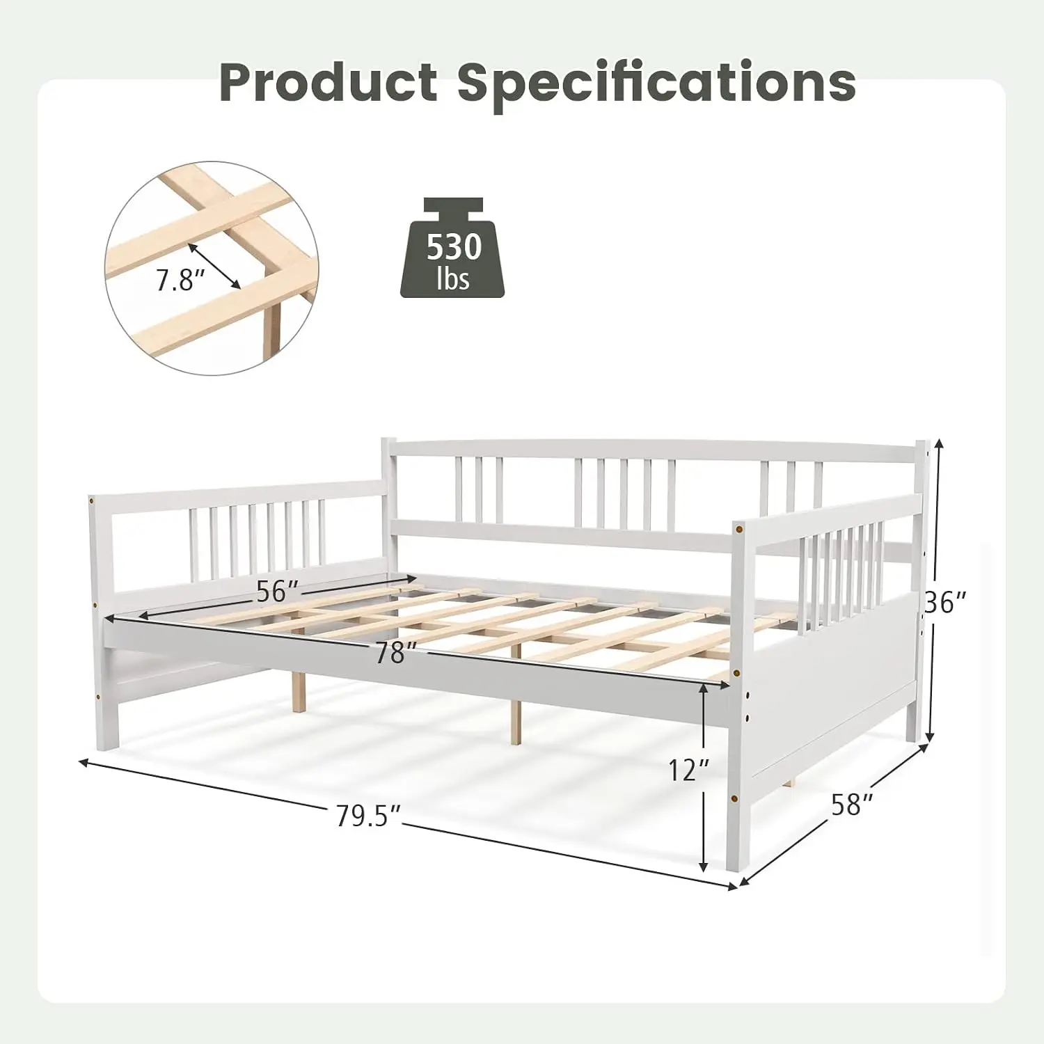 Full Size Wooden Daybed Frame with Slat Support for Kids Teens, Multi-Functional Sofa Bed for Living Room Bedroom Guest Room, No