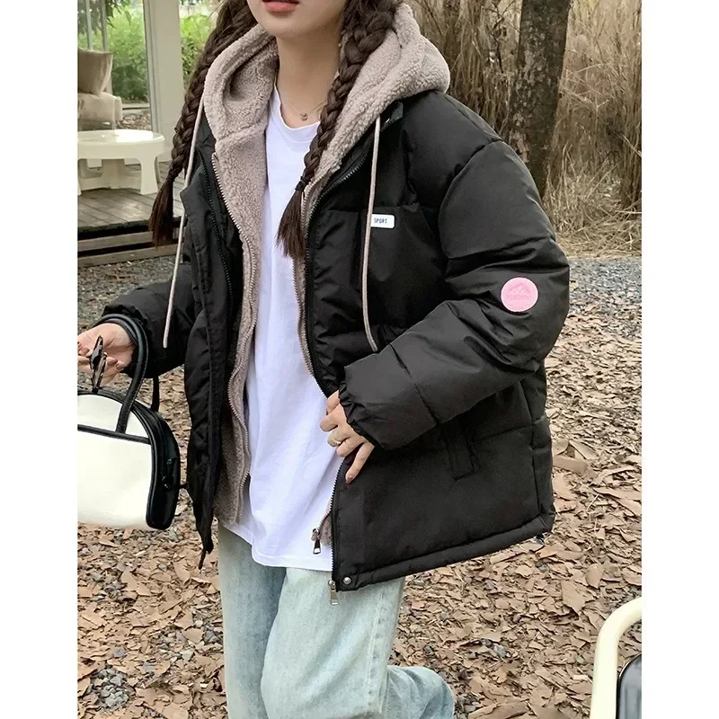 

Y2K Korean Cute Fake Two-piece Hooded Loose Cotton-padded Jacket Female Winter New Casual Cotton-padded Jacket Female Coats