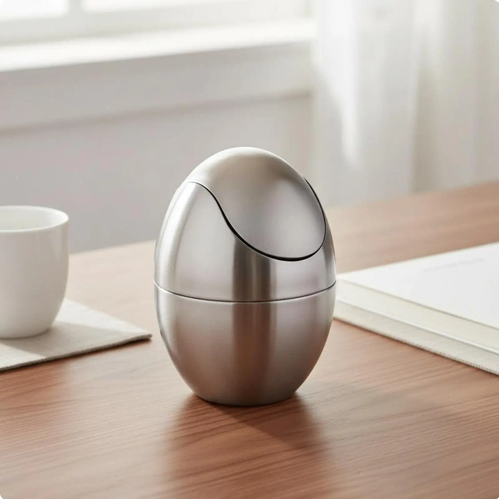Egg-Shaped Desktop Trash Can Rustproof Swing Lid Tabletop Waste Bin for Bathroom