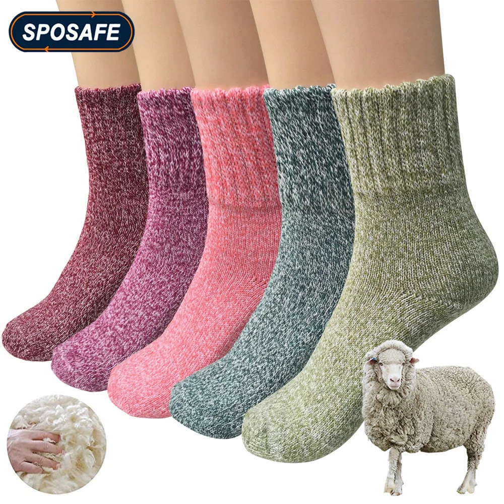 1Pair Fashion Womens Wool Socks Thick Knit Vintage Winter Warm Cozy Crew Socks Mid-Calf Home Socks Simple Floor Socks