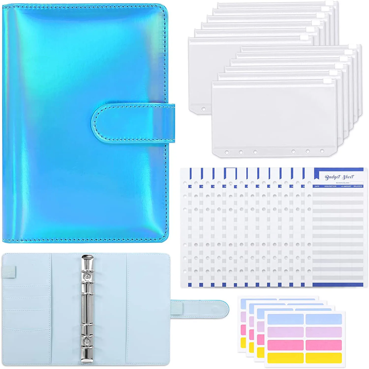 A6 Budget Binder Notebook Cash Planner Organizer with Binder Zipper Envelopes,Budget Sheets and Sticker Labels for Money Saving