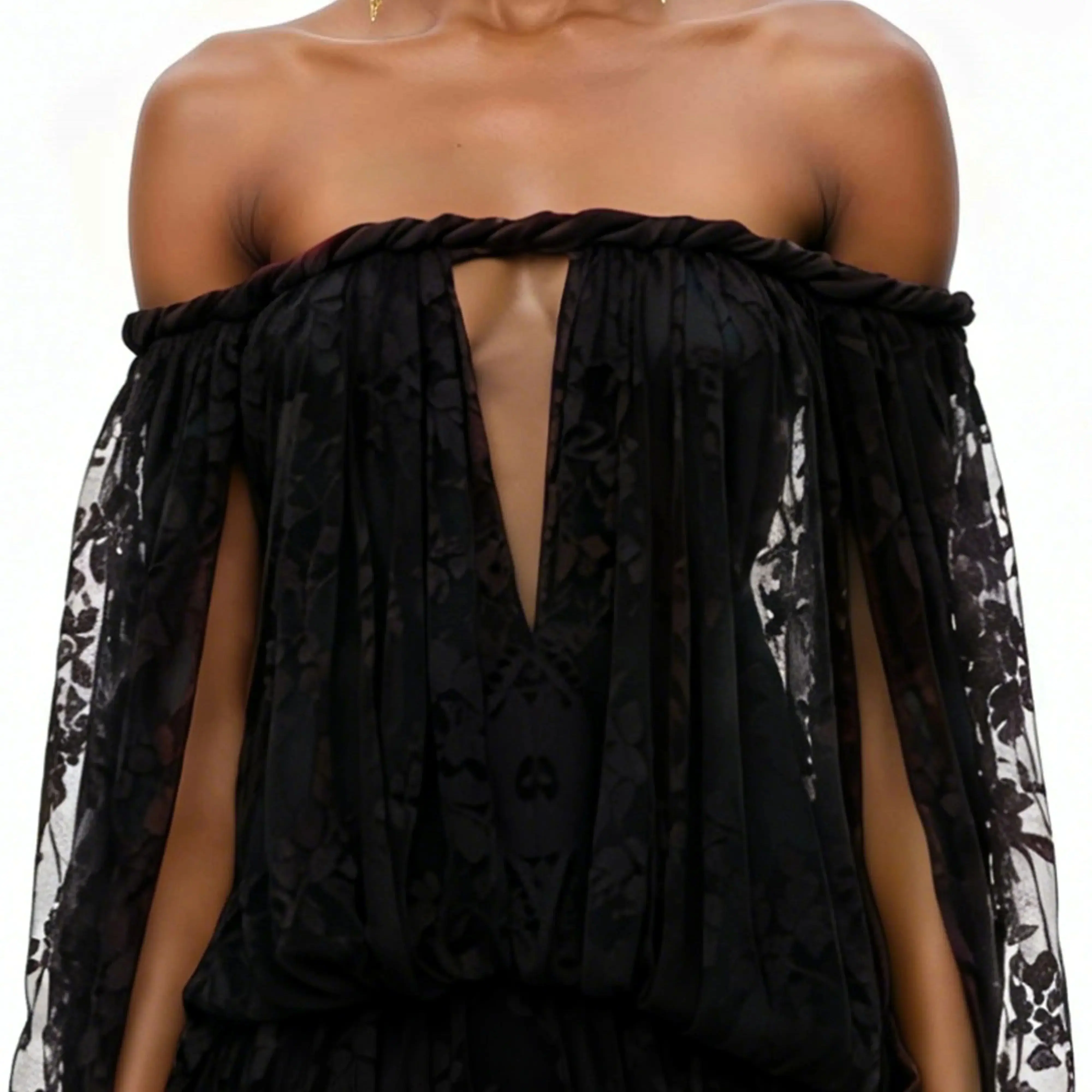 Elegant Luxury Off Shoulder Lace Maxi Dress, Black Sheer Cutout Long Sleeve Gown, Socialite Party Evening Dress For Women - Image 2