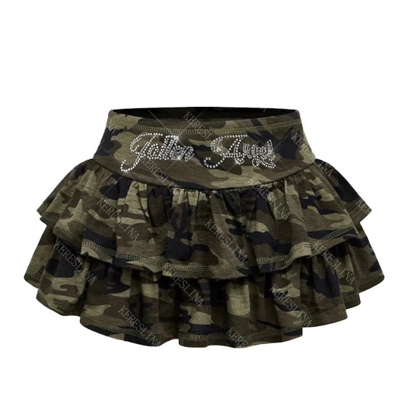 Summer Camouflage Rhinestone Letter Print Women's Y2K Skirt Hip Hop Rock Street Hot Girls American Retro Harajuku Women's Skirts