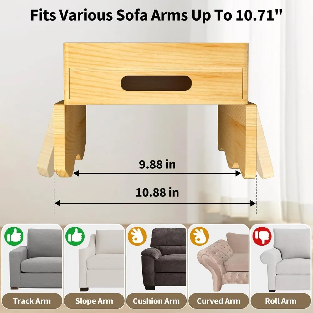 Tempat Cangkir Sofa, Baki Lengan Sofa 7-In-1, Meja Samping Klip Sofa dengan Laci Tarik Dorong untuk Mengatur dan Menyimpan Benda Kecil