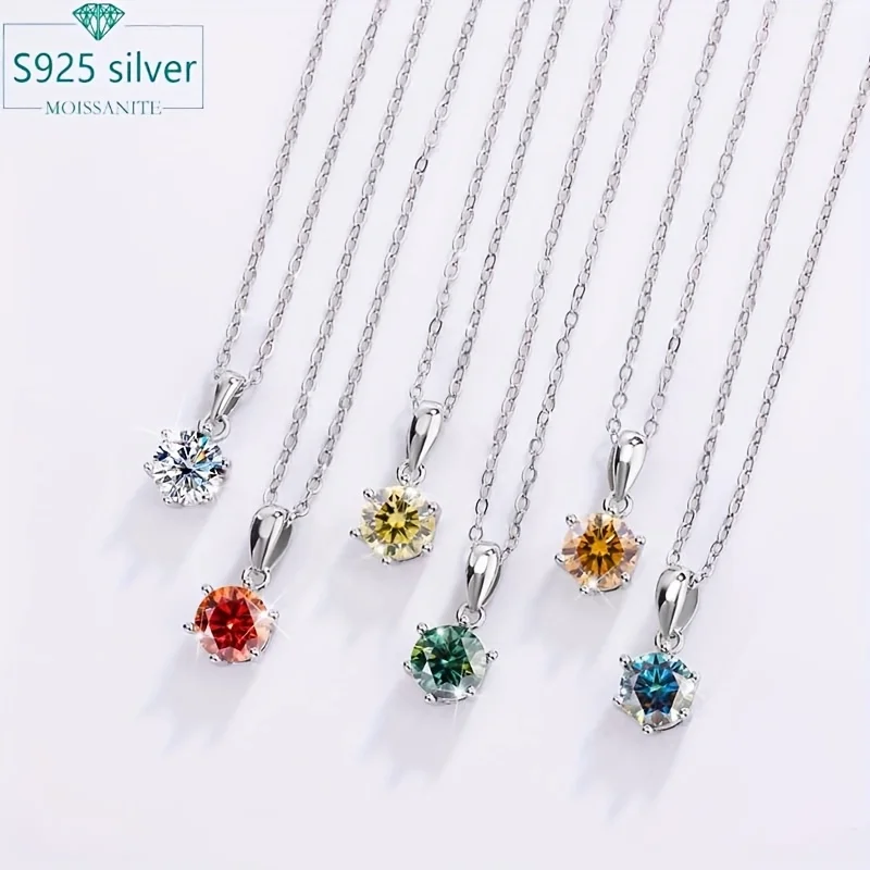 

925 Sterling Silver 1CT Green And White Classic Six Claw Moissanite Pendant Necklace For Women Solid Silver Wedding Jewelry