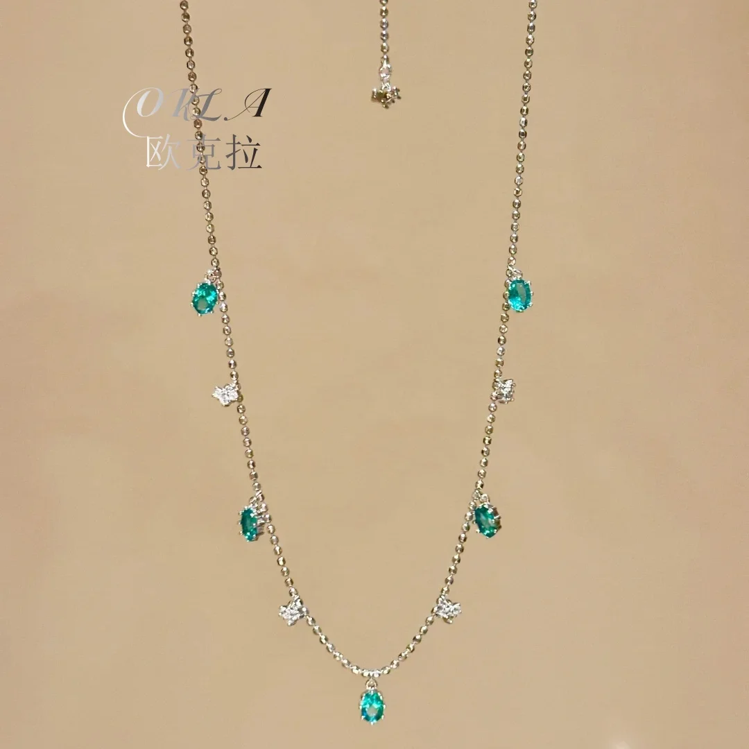 

Lake Blue Paraiba Green Pendant Tassel Necklace Love Sparkle Light Luxury High End Clavicle Chain Female