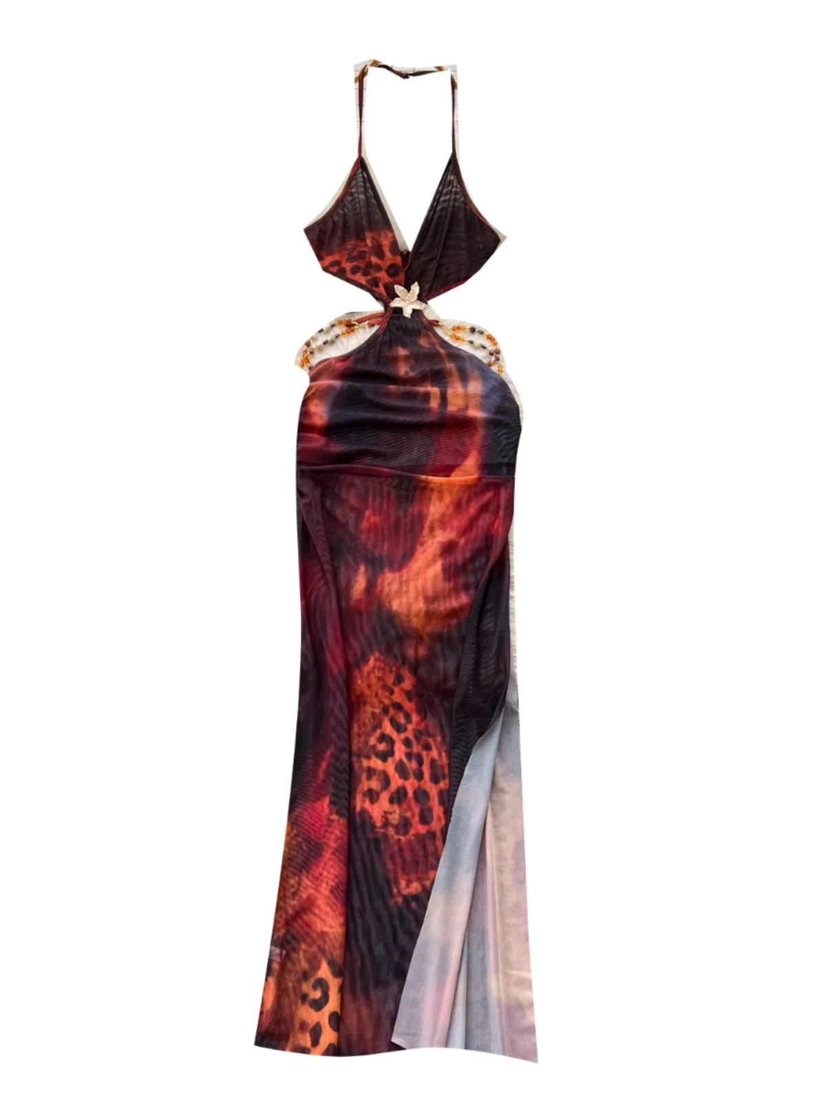 Sexy Red Brown Leopard Print Dress Women Halter Deep V Waist Cutout Side Slit Party Date Hot Girl Style Maxi Dress