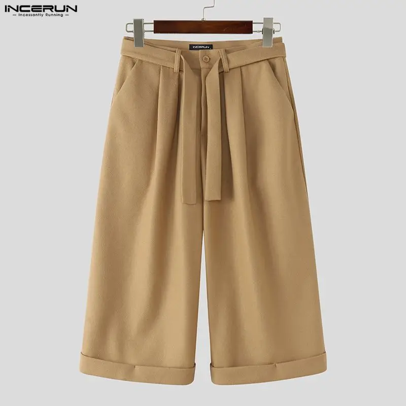 

Мужские брюки INCERUN, однотонные, на пуговицах, джоггеры, мужские брюки с поясом, уличная одежда, свободные, модные брюки до середины икры 2026, мужские, размеры S-5XL