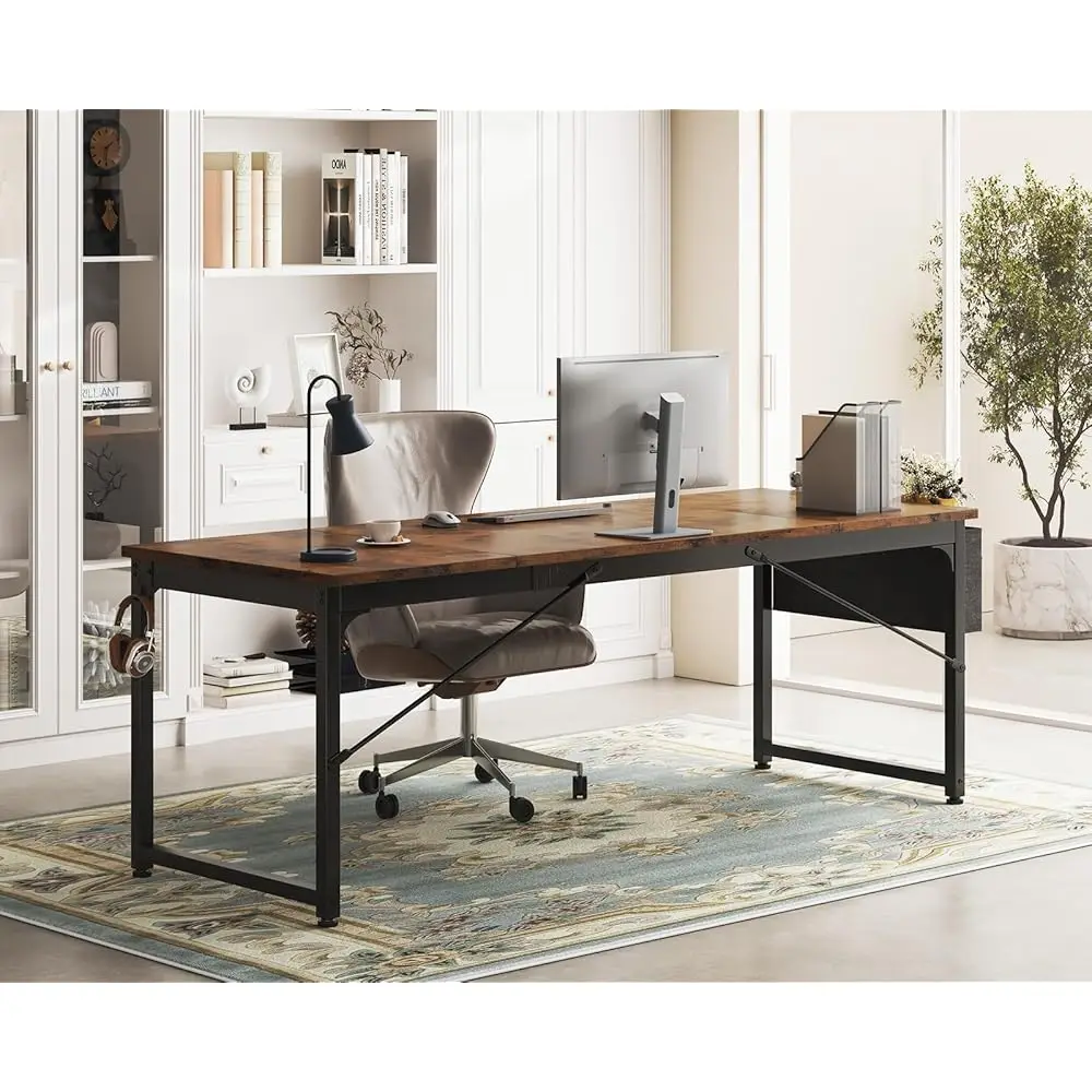 مكتب كمبيوتر كبير 71 ساعة، مكتب منزلي، طاولة عمل طويلة وحديثة مع خطاف سماعة الرأس وحقيبة قماش للتخزين، مقسمة #2