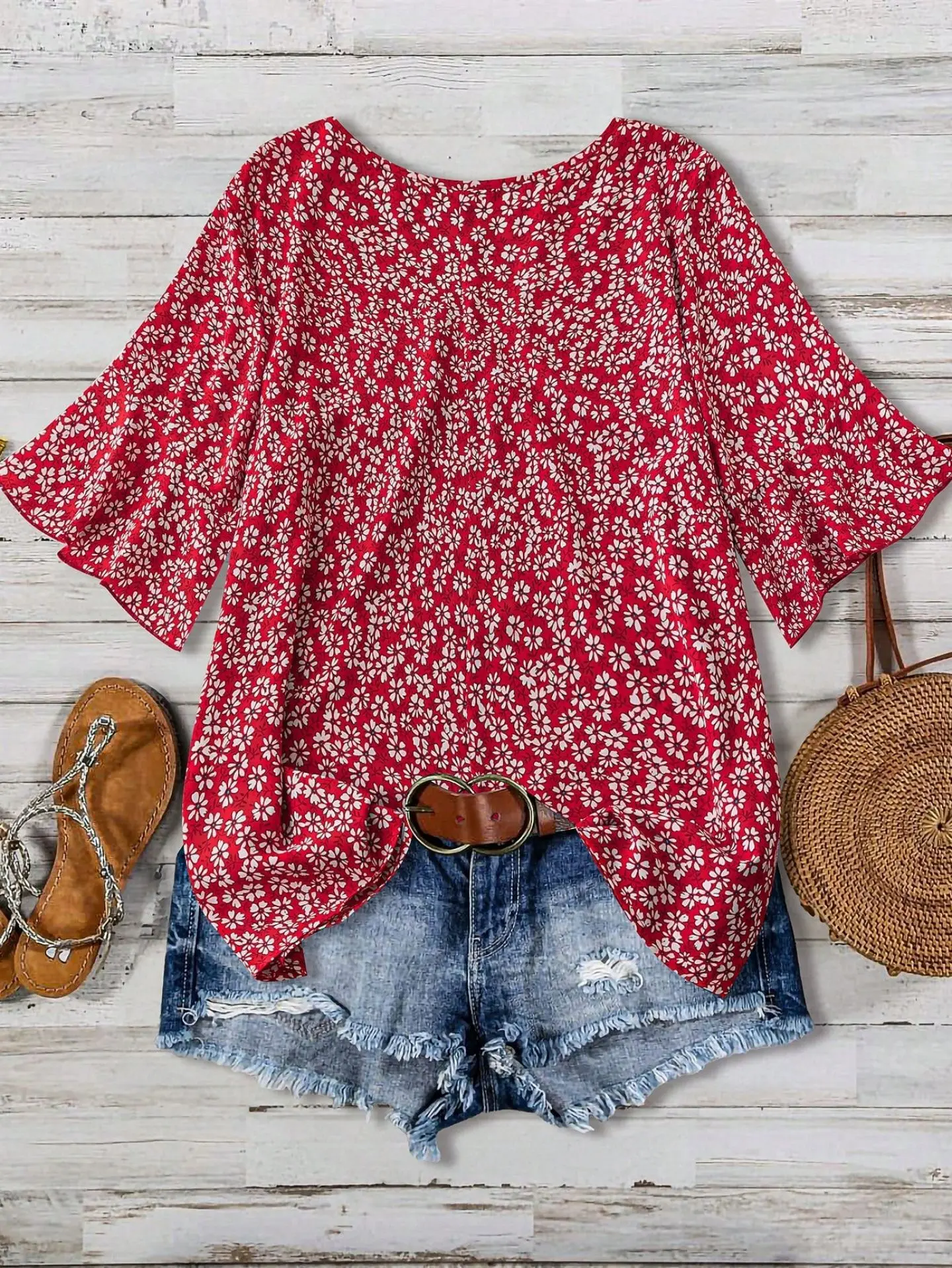 

Летняя свободная блузка с короткими рукавами и v-образным вырезом во французском стиле кантри для женщин