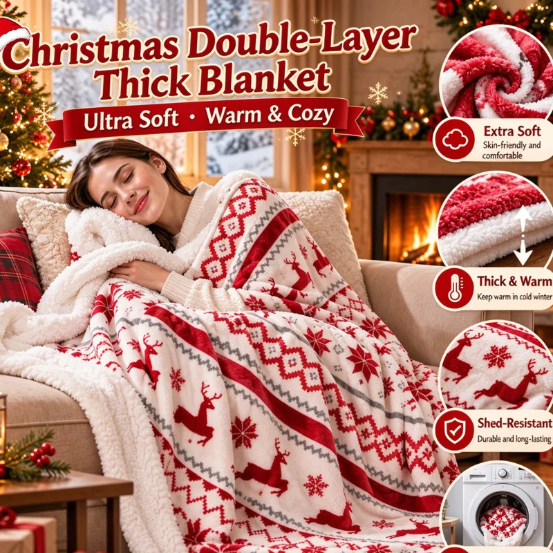 Christmas Double Layer Sherpa Fleece Blanket Thick Warm Soft Reindeer Christmas Throw Sofa Bed Home Decor Gift 150x200cm New
