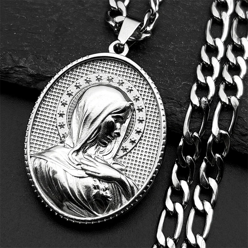 الكاثوليكية القلب المقدس مريم العذراء قلادة قلادة للنساء الرجال الفولاذ المقاوم للصدأ الذهب اللون سيدة تميمة سلسلة مجوهرات هدية #4