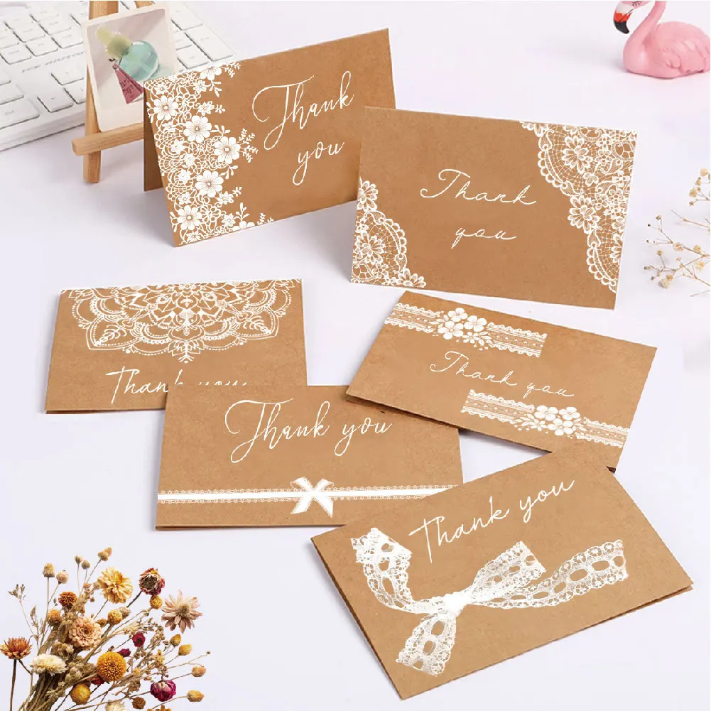 Kraft Paper Thank You Card Set Lace Retro Creative DIY with Envelope Festival Blessing Message Thank You Card