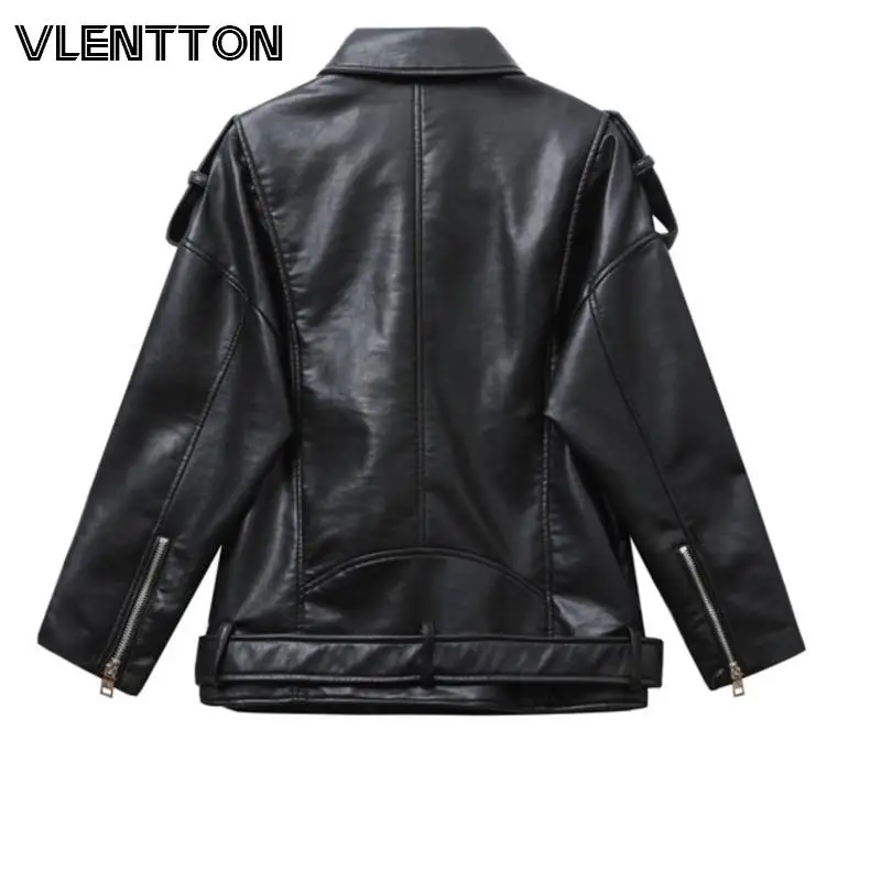 2024 Spring Autumn Women Fashion PU Imitation Leather Loose Zipper Jacket Coat Female Belt Pocket Solid Simple Casual Tops