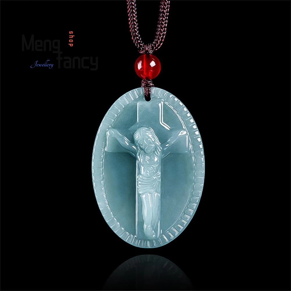 

High-grade Genuine Natural A-goods Jadeite Blue Water Cross Priest Faith Jade Pendant Exquisite Fashion Jewelry Holiday Gifts