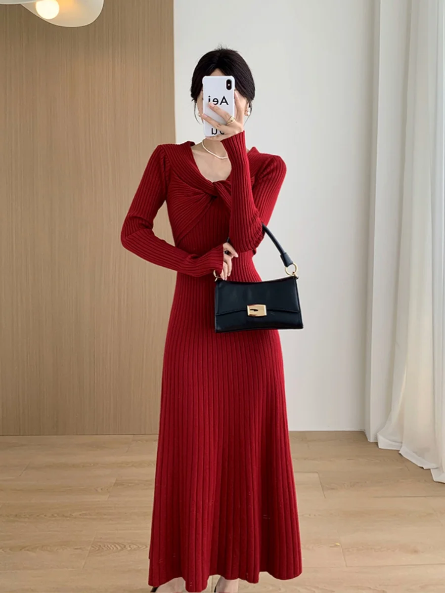 Saia Longa de Tricô Slimming de Cintura Alta, Modelo Bodycon, Um Ombro, Camada Base Vermelha, Outono Inverno, Cor Pura