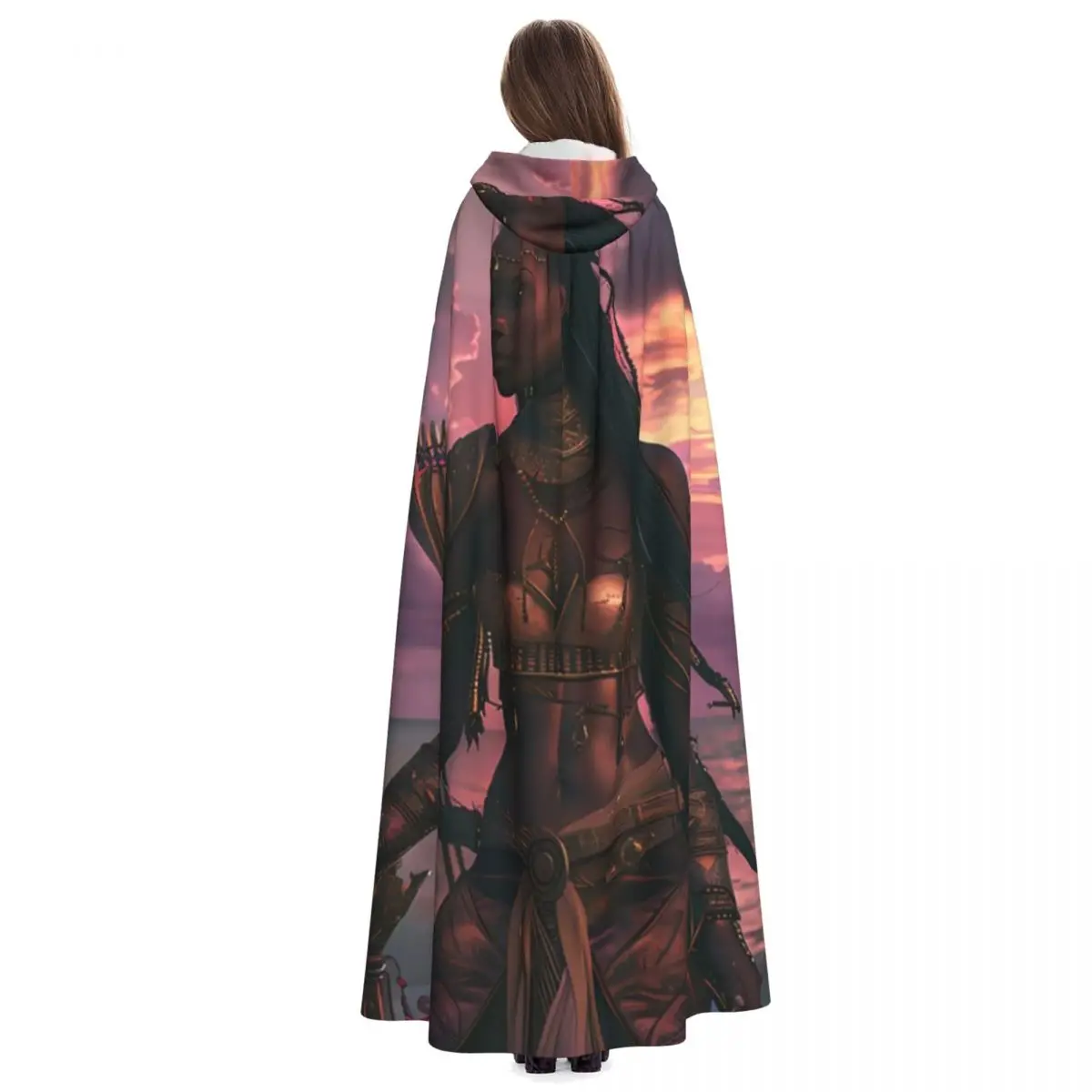 Ashanti Empire Warrior의 Letricia 여왕 긴 후드 망토 마녀 중세 의상 코스프레 케이프 HalloweenCoat 성인 유니섹스