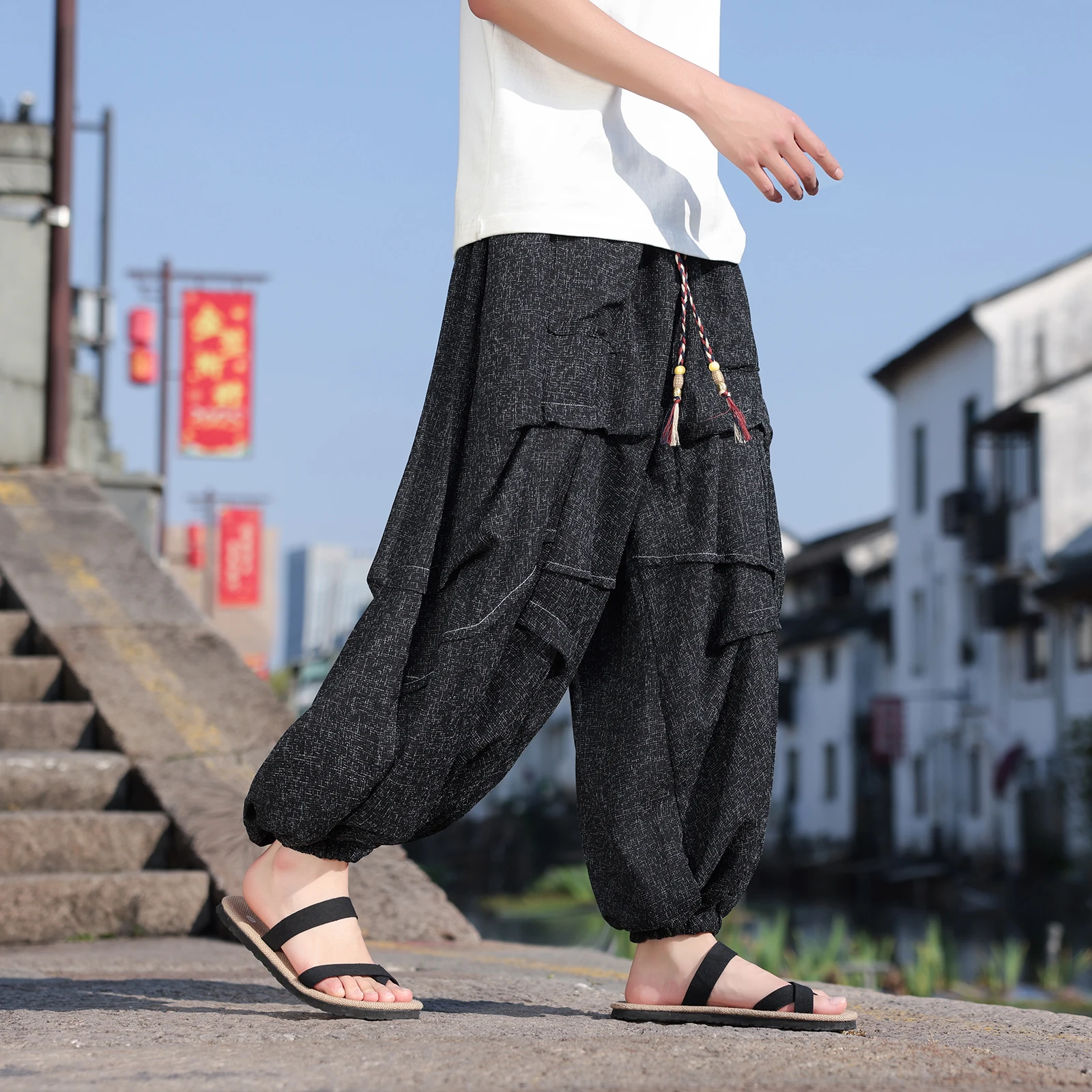 

2025 Spring Summer Men Baggy Pants Men Casual Wide Leg Pants Man Oversize Jogger Trousers Chinese Drawstring Sweatpants