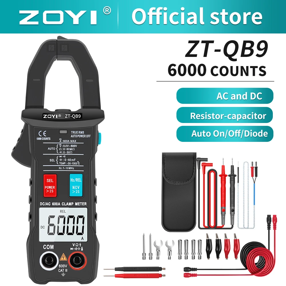 

ZOYI Digital Clamp Meter 600A Current True RMS Smart Plier ammeter Auto Rang 6000 Multimeter DC AC Voltage Hz Ohm NCV Tester