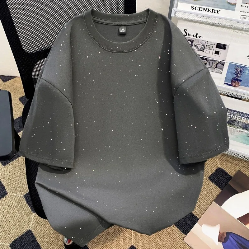 Men's Heavyweight Cotton T-shirt Summer Glitter Star Print Loose Casual Short Sleeve Tops