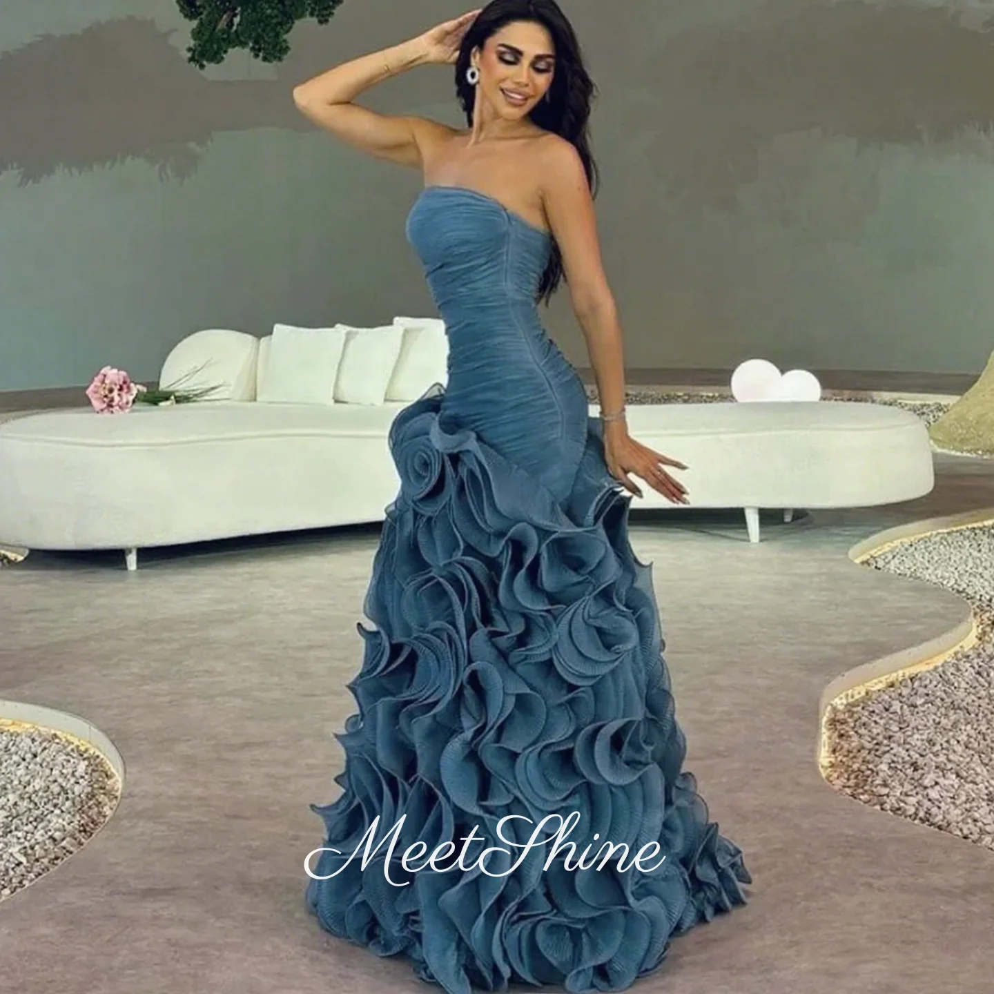 

Elegant Strapless Ruffles Pleat Evening Dress Sexy Tulle A-line Sleeveless Sweep Train Formal Wedding Prom Dresses Customized