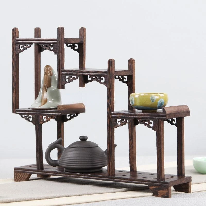 Chicken wing solid wood Chinese retro storage rack small multi treasure chest purple teapot tea set shelf racks display stand