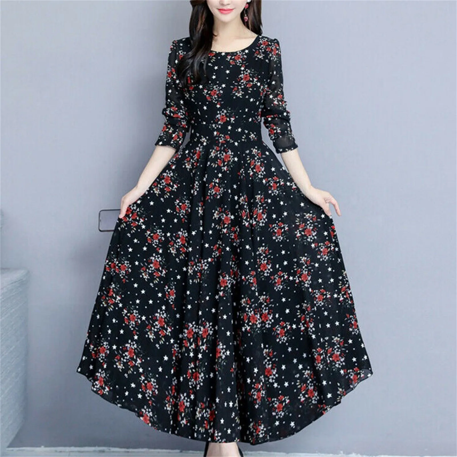 Women\'s Elegant Floral Printed Waisted Vintage Bohemian Dress Casual Long Sleeve Beach Holiday Dresses Slim Fit Long Dress