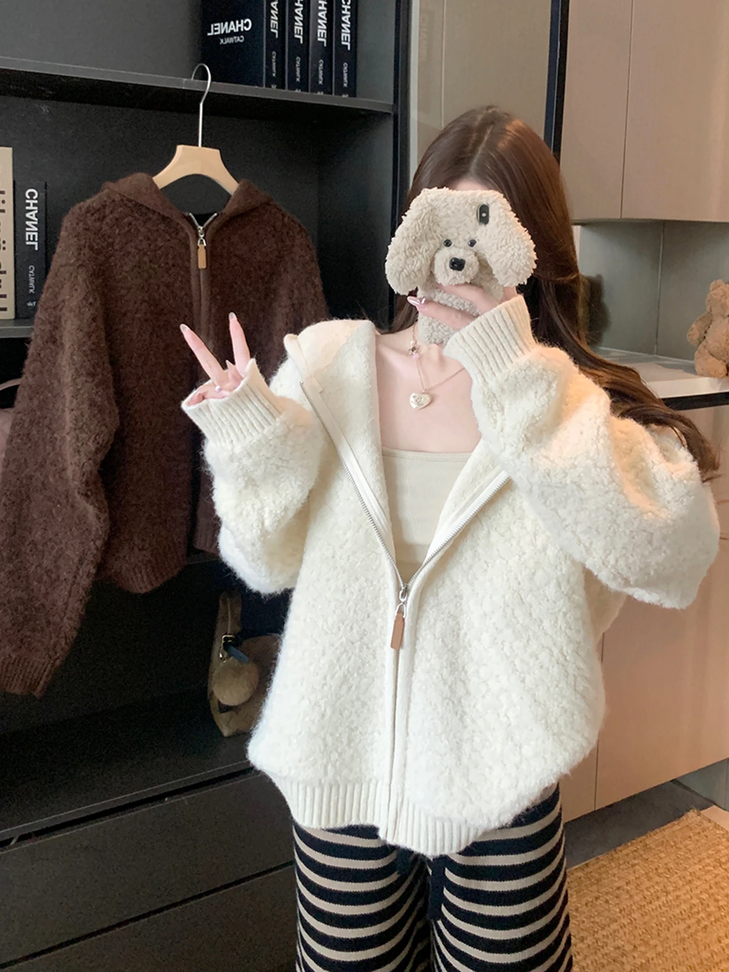 

Мягкий уютный вязаный кардиган на молнии с капюшоном для женщин, осенне-зимний, больших размеров, теплый, из вельвета, с открытым передом, дышащий, повседневный