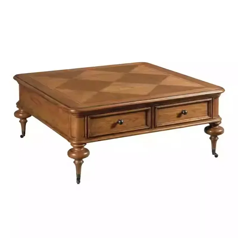 American retro solid wood parquet coffee table drawer French simple home living room furniture tea table