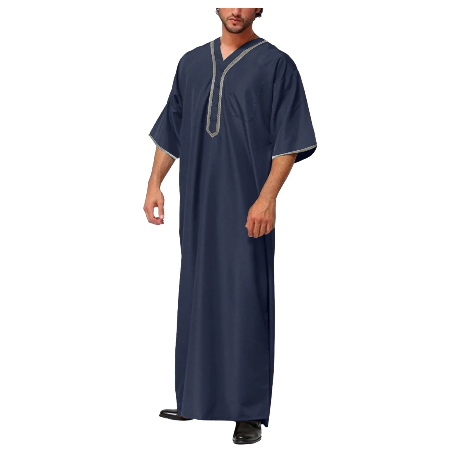 Heren Moslim Jurk Moslim Gewaad Arabische Middelste Gewaad Lange Mouw Geborduurde Zak Lange Shirt Jas Shirt Heren Gebed Kleding