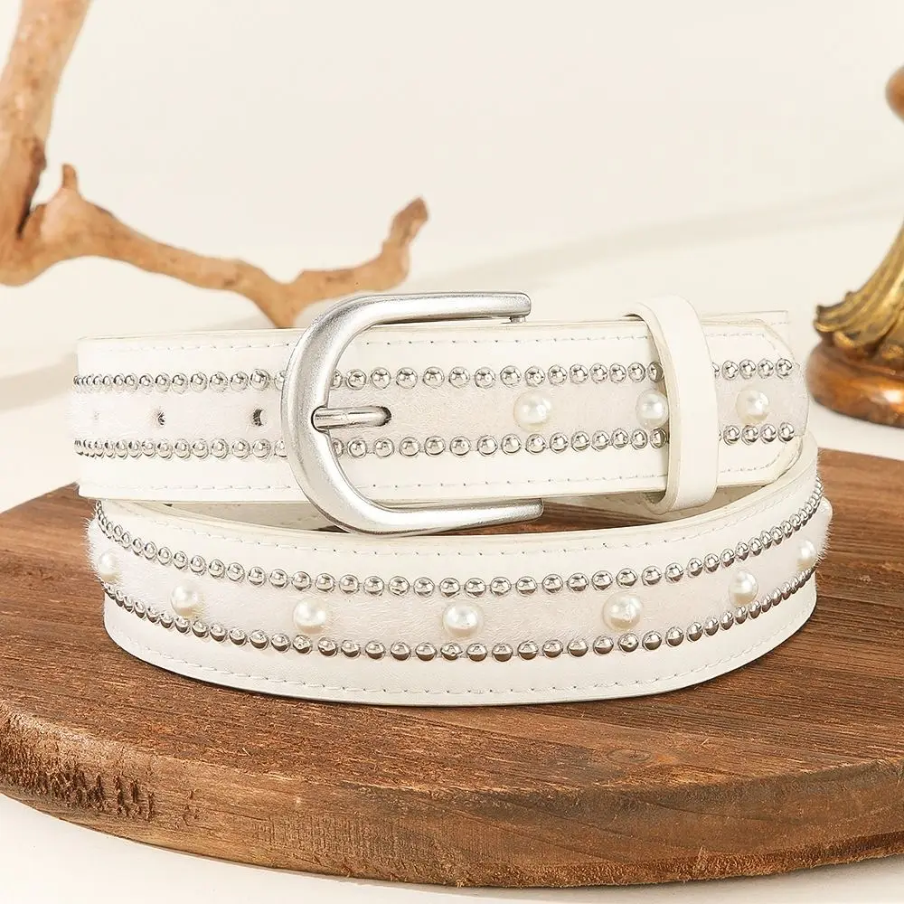 

Needle Buckle Punk Style Belt Vintage PU Leather Women's Waist Belt Punk Rock Style Pearl Decoration PU Leather Belt