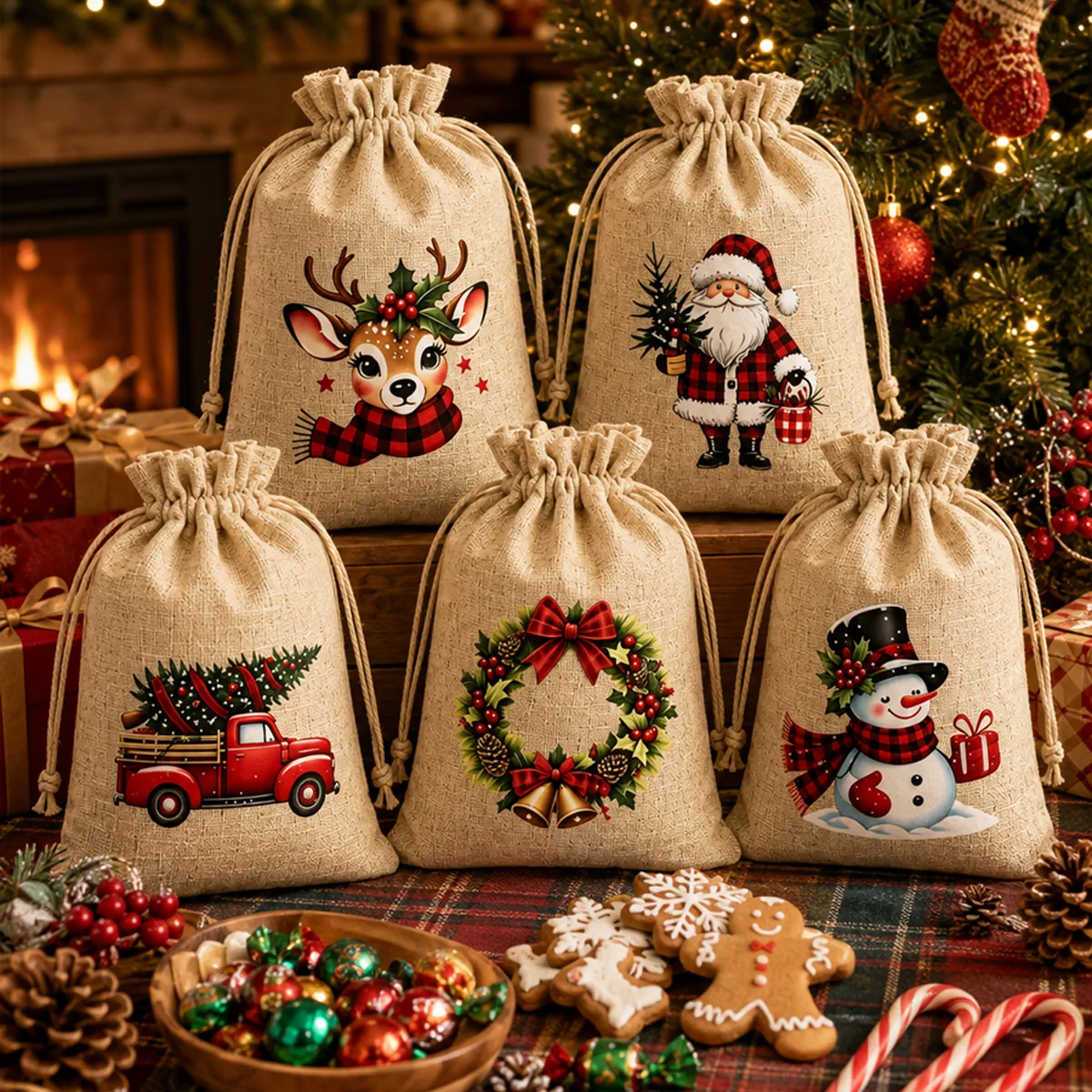 5/20/50PCS Reusable Christmas Drawstring Pouches 5 Festive Linen Look Bags for Candy, Cookies Gift Wrapping and Party Favors Gif
