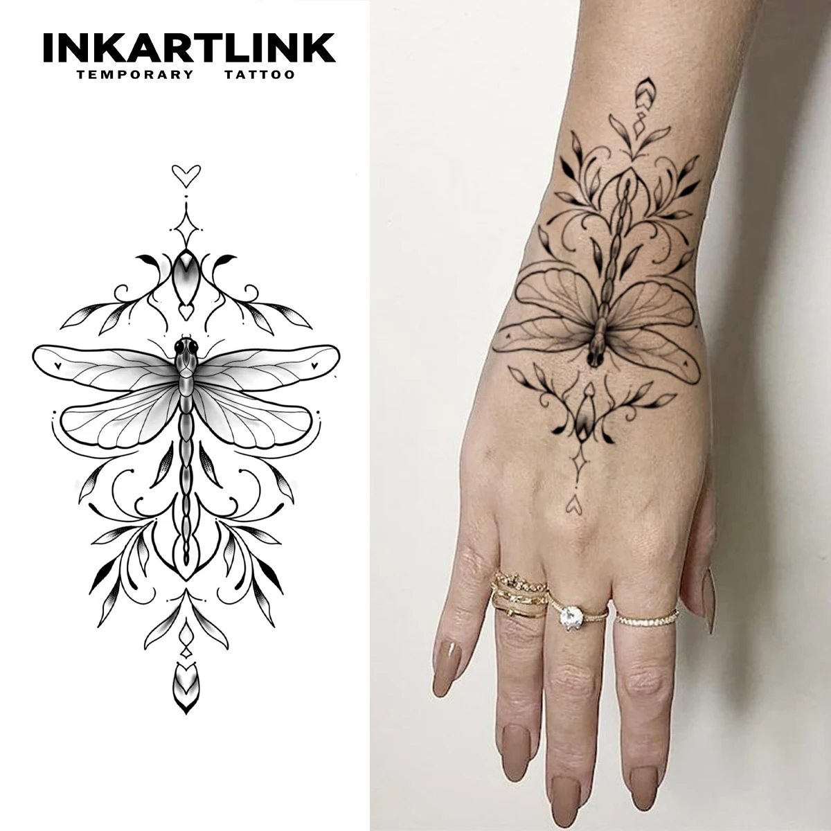 INKARTLINK Symmetric Realistic Dragonfly Flower Leaf Tattoo Stickers Waterproof Temporary Tattoo Color Holding for 1-2 Weeks