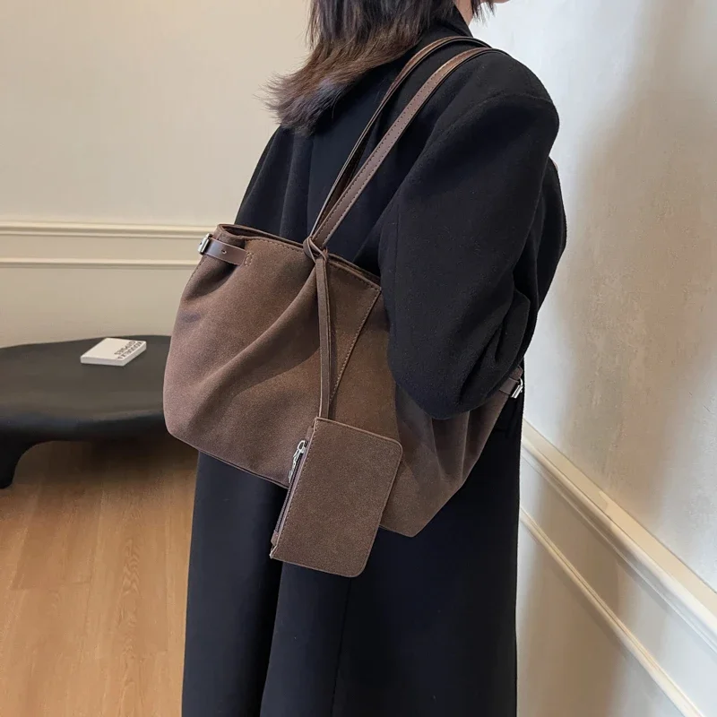 

Женская замшевая сумка-тоут с внутренним карманом, сумка для подмышек на молнии, однотонная сумка-саквояж для работы, путешествий