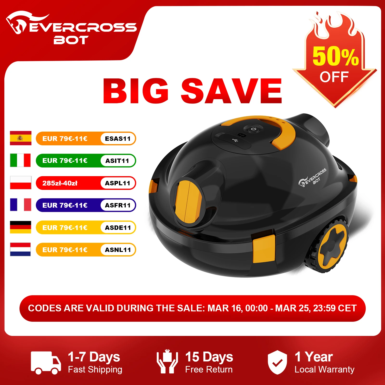 Batterie pour robot de piscine EVERCROSSBOT Y10, autonomie de 100 minutes, jusqu'à 120 m², filtre de 180 μm, léger et compact