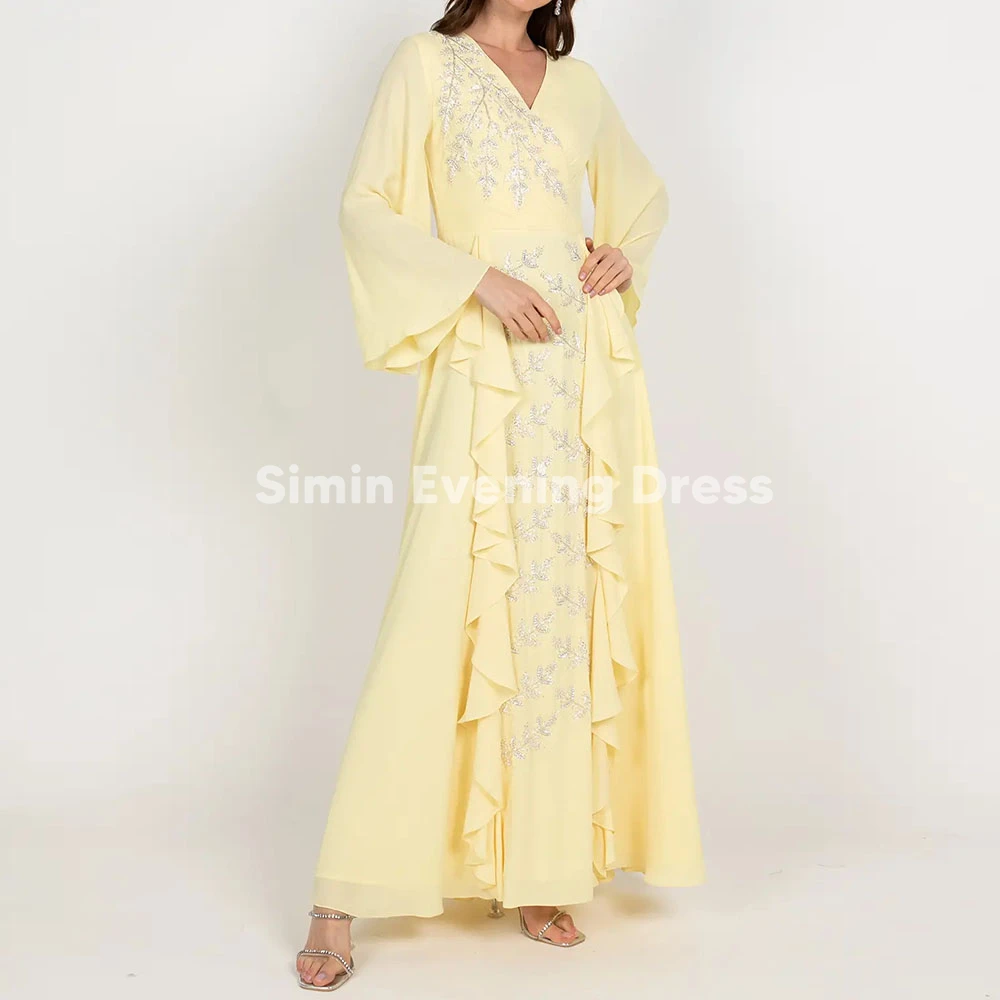 

Simin Customized Women's V-neck Beaded Straight Ruffle Evening Dresses With Long Sleeves Floor-Length Elegant Party Dresses 2025
