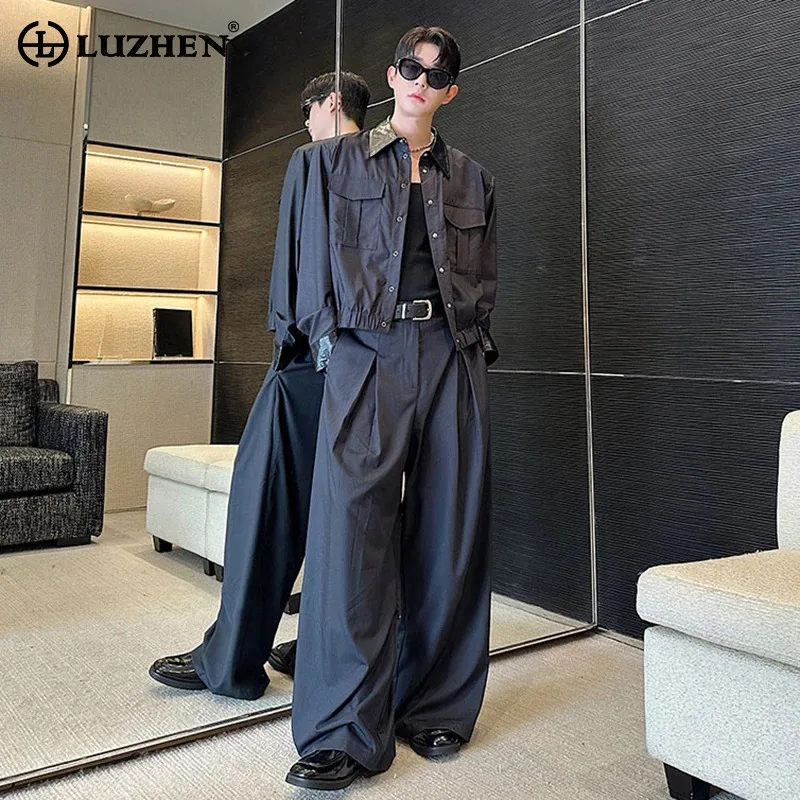 LUZHEN Two-piece Sets Fashion 2025 Autumn Solid Color Elegant Loose Fold Straight Trousers Men's Leather Splicing Jacket JY5768