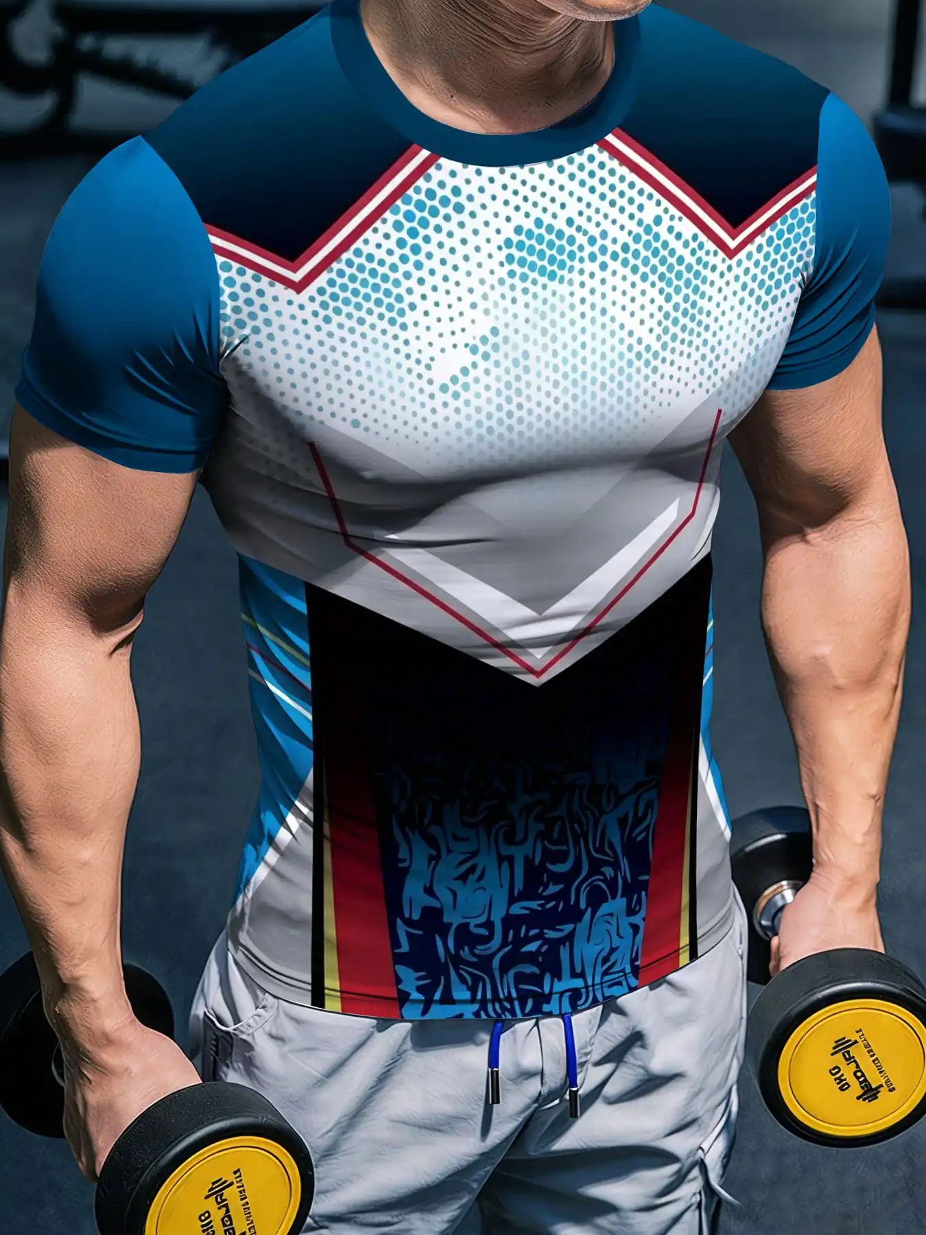 Men Geometric Splice Dot Print Compression T-shirt High Elastic Quick Dry Sports Training Short Sleeve Workout Top