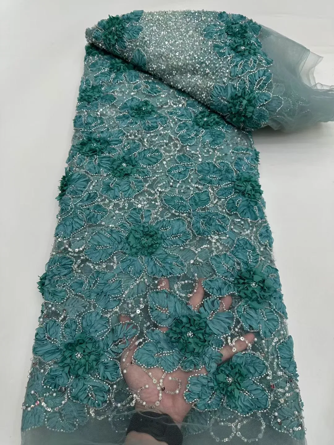 Luxury African Tulle Lace Fabric With Beaded Sequins French Nigerian Mesh Lace Fabrics For Women Dresses Sewing