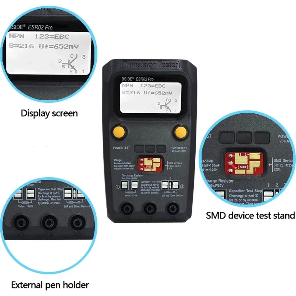 BSIDE ESR02pro Multi-purpose Transistor ESR/SMD Tester Smart Diode Triode Capacitance Resistor Meter LCD meter MOS/PNP/NPN test