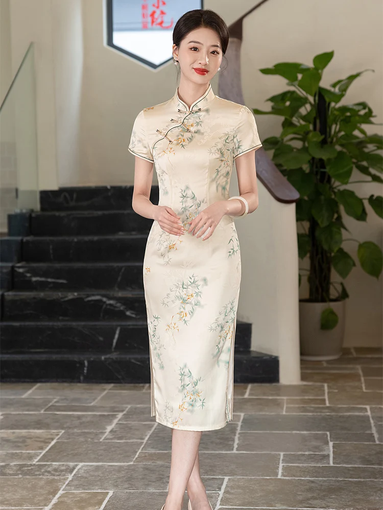

New Chinese Sle Bamboo Le Long Printed Waist-Cinching High-Quali Women's Faionable Daily Wear Summer 2025