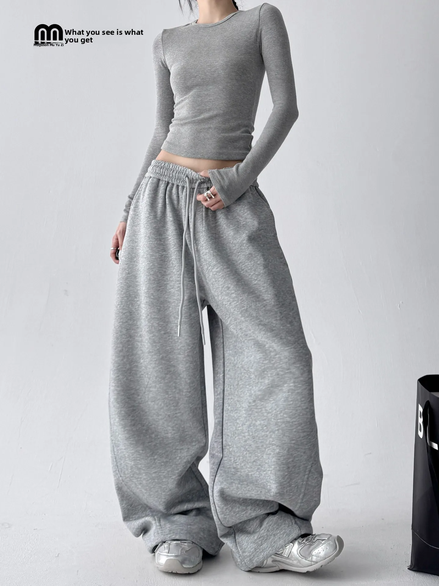 

Серые женские брюки с высокой талией и широкими штанинами, спортивные, свободного кроя, с эластичным поясом, повседневные, модные, больших размеров, стройнящие