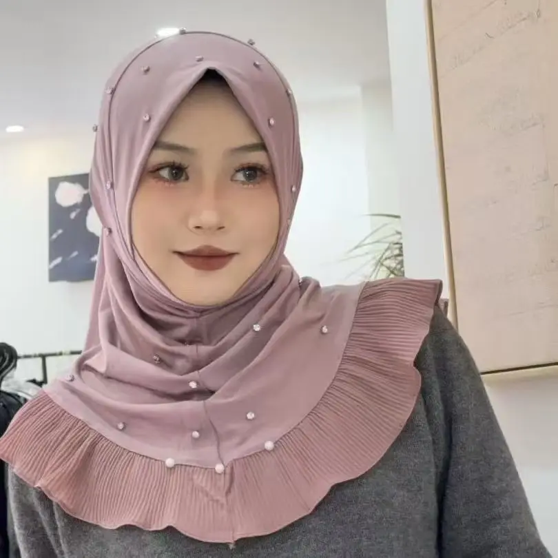

Muslim Women's Hijabs White Beading Eid Prayer Headscarf Party Luxury Africa Fashion Islam Girl's Head Wear Soft Material 2026